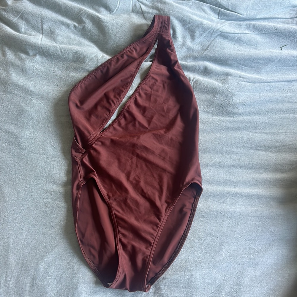 RARE HERVE LEGER BROWN ONE SHOULDER OUT ONE PIECE SWIMSUIT